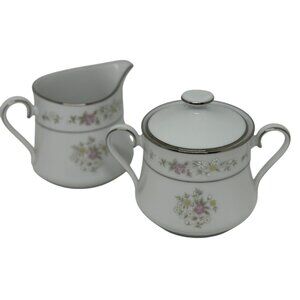 VTG Lenox Floral Porcelain Creamer Sugar Bowl Pink Meadow Flowers Silver Trim